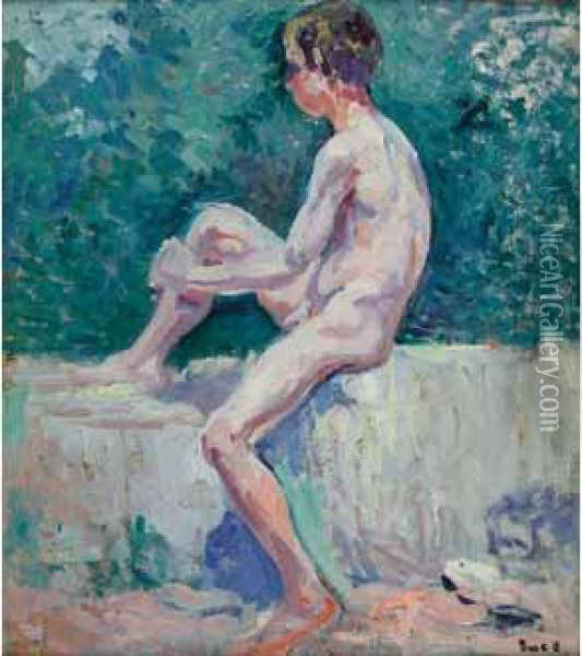 Jeune Baigneur Au Muret, Vers 1906 Oil Painting - Maximilien Luce