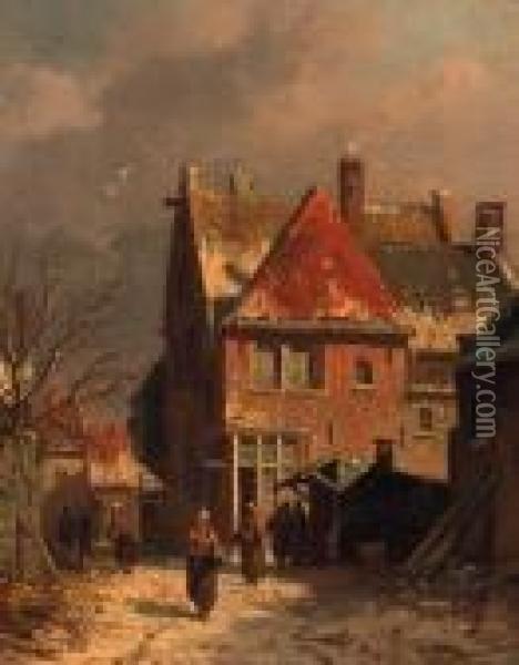 A View In A Street In Winter Oil Painting - Adrianus Eversen