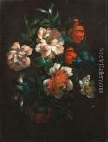 Chrysanthemums, Morning Glory, Lilies And Other Flowers In A Swag Oil Painting - Jean-Baptiste Monnoyer