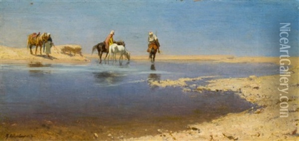 Araber Mit Pferden Am Wasser Oil Painting - Robert Poetzelberger