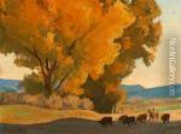 Cowboy On Horseback With Cattle In Landscape S Oil Painting - Maynard Dixon