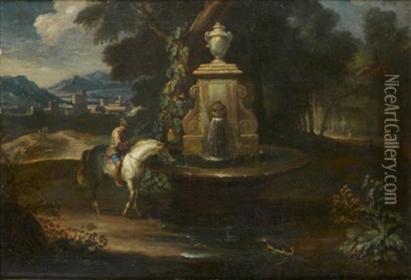 Cavalier A La Fontaine Oil Painting - Pieter Mulier the Younger