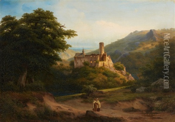 Mountainous Landscape With Castle Ruins And Two Monks Oil Painting - Franz Hengsbach