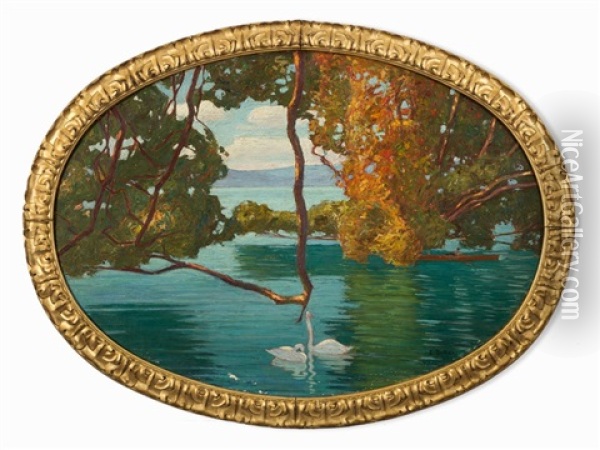 Riva Di Lago Oil Painting - Ettore Burzi