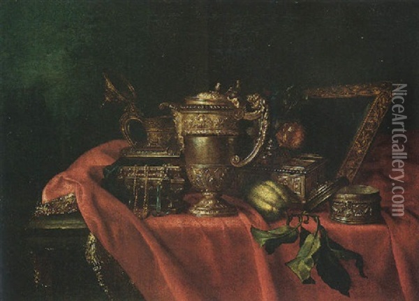 A Still Life Of Orfevreries: A Silver Jewelry Casket, A Silver Ewer, A Silver Box, A Mirror With A Gold Frame Oil Painting - Meiffren Conte