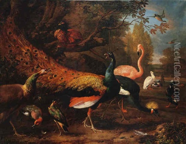 Exotic Fowl, Including A Peacock And Peahen, Flamingo, African Crane, Pheasant, Lapwing, Shoveller, Pelican And Tufted Duck Oil Painting - Melchior de Hondecoeter