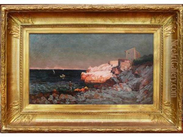 Pecheurs Sur La Corniche Oil Painting - Eugene De Barberiis