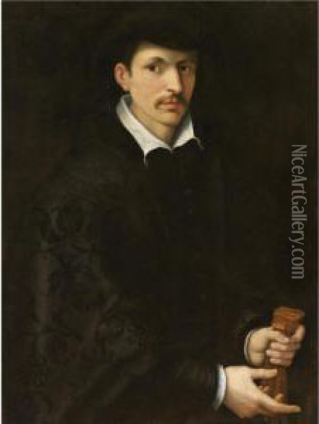 Portrait Of A Gentleman, Half Length, Wearing Black And Holding A Pair Of Gloves Oil Painting - Rancesco De' Rossi (see Salviati, Cecchino Del)