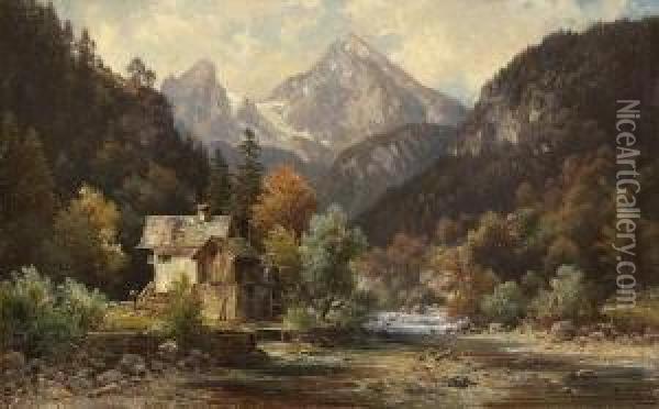 Muhle Am Gebirgsbach. Oil Painting - Henri Louis Ludwig