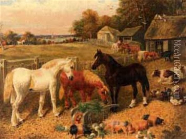 Farmyard With Horses And Livestock Oil Painting - Samuel Joseph Clark