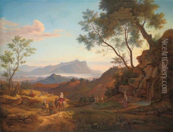 An Italianate Landscape With Travellers And Their Herd, With The Monte Circeo And The Sea Beyond Oil Painting - Johann Joachim Faber