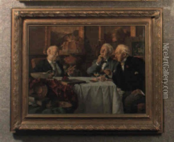 Three Gentlemen In Conversation Seated Around A Table Oil Painting - Louis Charles Moeller