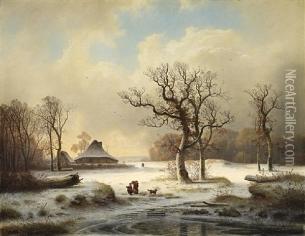 Winter Landscape With Farmstead And Brushwood Collectors Oil Painting - Johann Gustav Lange