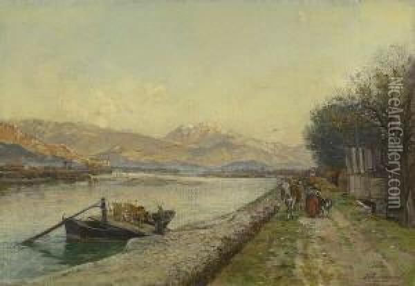Flusslandschaft. Oil Painting - Louis Marie Adrien Jourdeuil