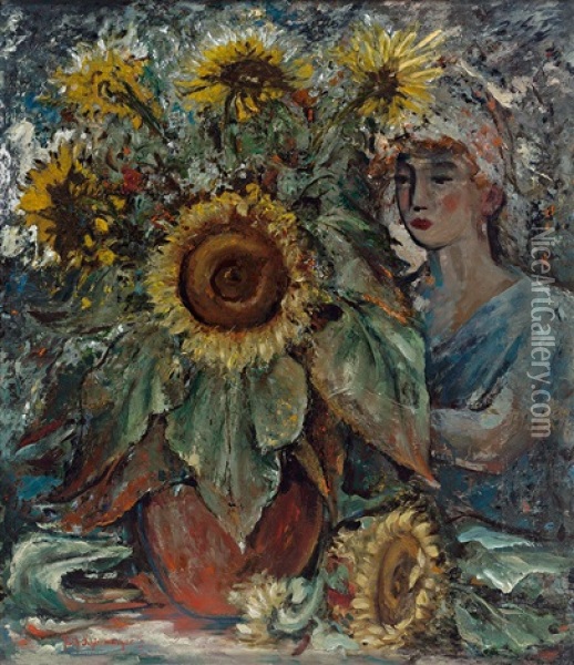 Junge Frau Arrangiert Einen Prachtigen Straus Sonnenblumen Oil Painting - Fritz Schirrmacher