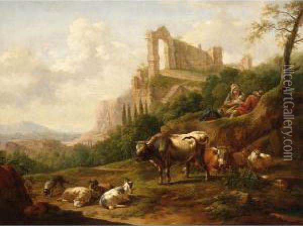 A Family Of Herdsmen And Their Cattle, With A Classical Ruin To The Background Oil Painting - Joseph Rosa Roos
