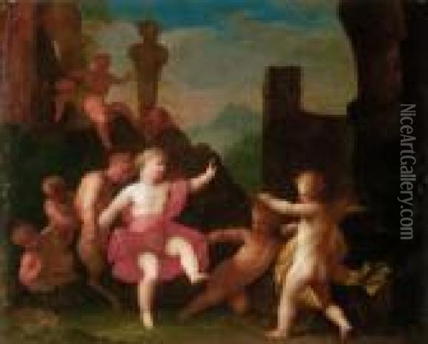 Putti And Satyrs At Play In An Architectural Setting Oil Painting - Matheus Terwesten