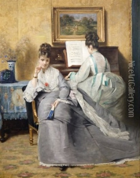 Jeunes Filles Au Salon De Musique Oil Painting - Louis Charles Verwee