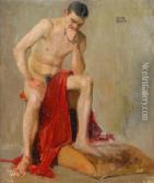 Manlig Naken Akt Med Rott Skynke Oil Painting - John Bauer
