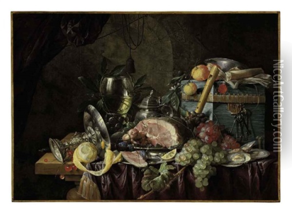 A Ham On A Pewter Plate, Grapes, Berries, Plums, Lemons, And Oysters With A Roemer, Tazza, Pitcher, Wan-li Porcelein Dish, Recorder, Book... Oil Painting - Cornelis De Heem