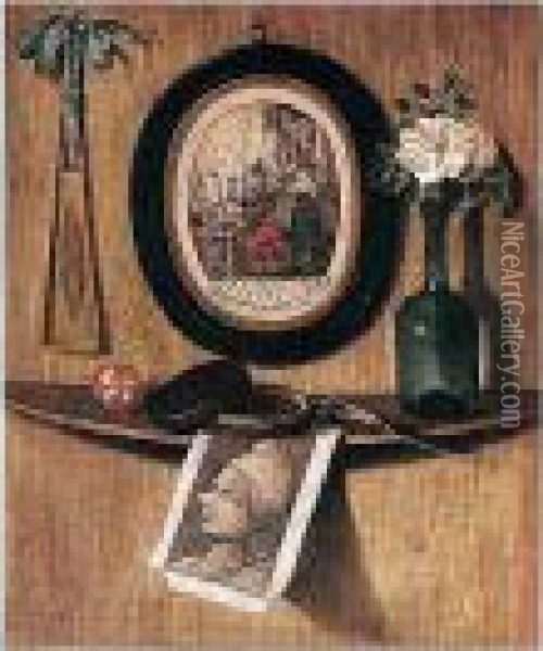 Trompe L'oeil Of Prints, A Fan, A
 Rose In A Wine Bottle, A Knife, A Pot And A Ball On A Ledge On A Wooden
 Wall Oil Painting - Andrea Domenico Remps