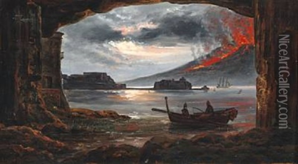 Vesuv I Udbrud. Maaneskin Oil Painting - Christian Frederik Ferdinand Thoming