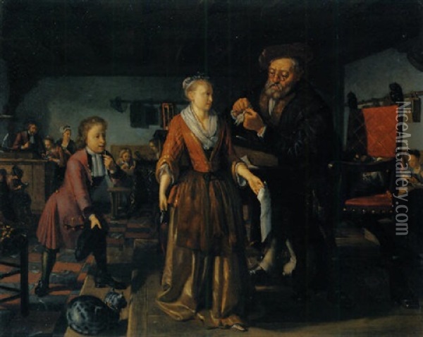 The Interior Of A Classroom With A Schoolmaster Sharpening A Plume Oil Painting - Matthys Naiveu