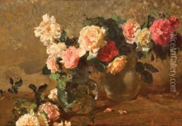 Rose In Un Vaso Su Un Piano Oil Painting - Paolo Vetri