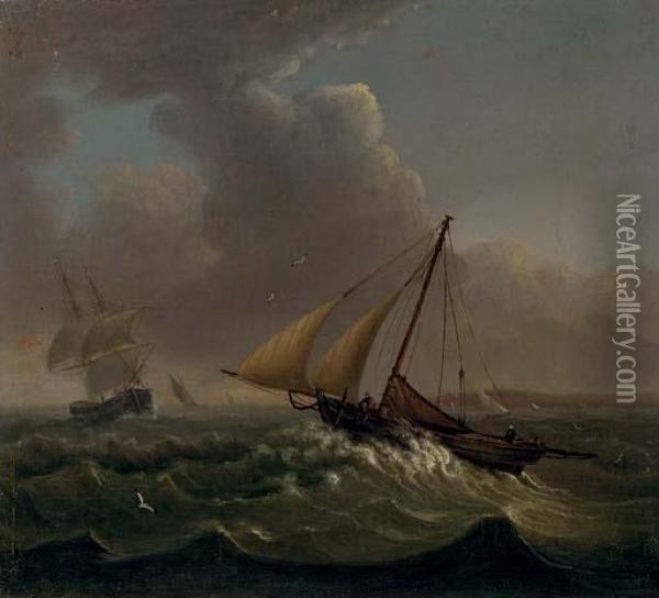 Fishing Off The Coast With Other Shipping In The Distance Oil Painting - Thomas Whitcombe