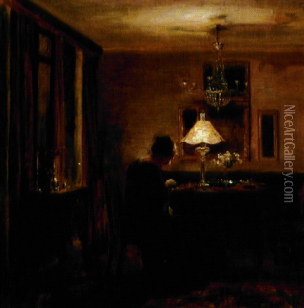 Interior Med Dame, Der Broderer Ved Lampelys Oil Painting - Carl Vilhelm Holsoe