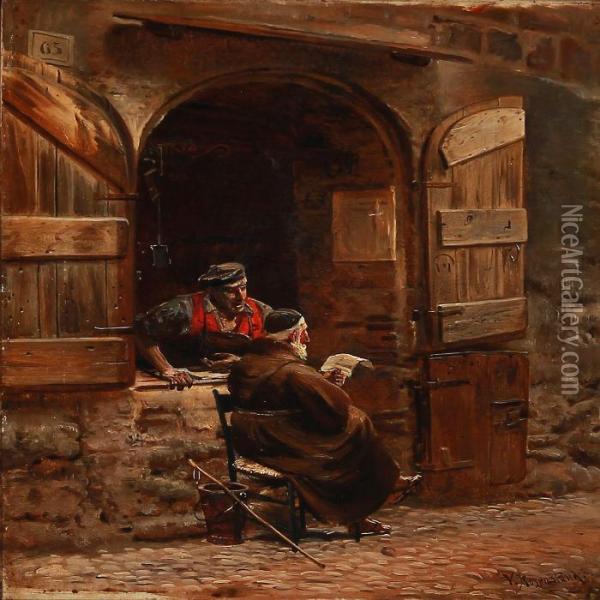 The Friar Reads A Letter For The Blacksmidt Oil Painting - Vilhelm J. Rosenstand