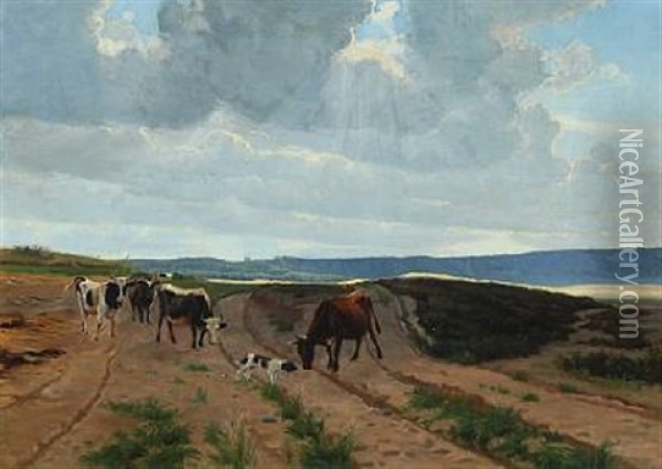 Landscape With Grazing Cows And Dog Oil Painting - Albert Ruedinger