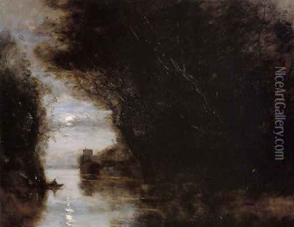 Moonlit Landscape Oil Painting - Jean-Baptiste-Camille Corot
