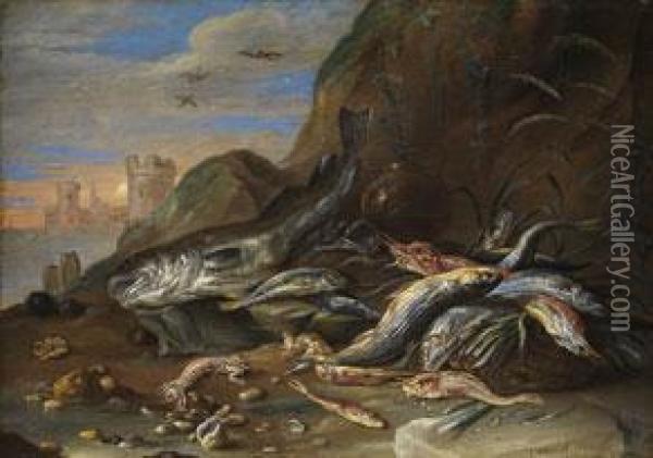 Fischstilleben In Einer Uferlandschaft Oil Painting - Jan van Kessel