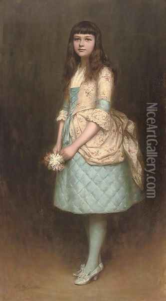 Portrait of Eva MacKintosh, full-length, in a blue dress with a cream flower covered bustle swag and bodice, holding a posy of flowers Oil Painting - Charles A. Sellar