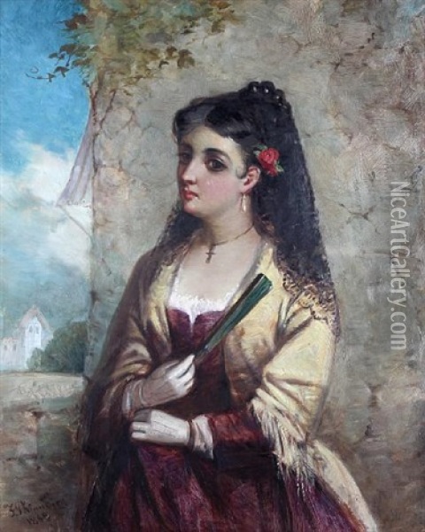 A Spanish Lady, Wearing A Black Lace Veil And Holding A Fan Oil Painting - Frederick Gerald Kinnaird