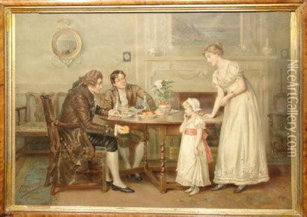 Depicting A Seated Gentleman Offering A Young Girl A Peach Oil Painting - Alfred Pearse
