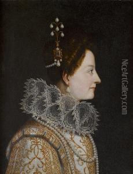 Portrait Of Catherine De' 
Medici, Bust-length, In Profile, In A Lace Ruff And Pearl Headdress Oil Painting - (Jacopo Chimenti) Empoli