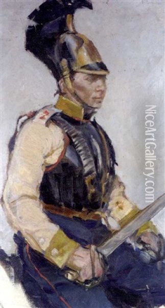 Study Of A Russian Cuirassier (+ Two Studies Of Cavalry Officers, 1805, Watercolor & Ink, Sgd., Insc.; 2 Works) Oil Painting - Franz Roubaud