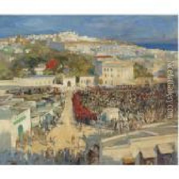 The Moorish Flag Hoisted On The German Legation, Tangier Oil Painting - John Lavery
