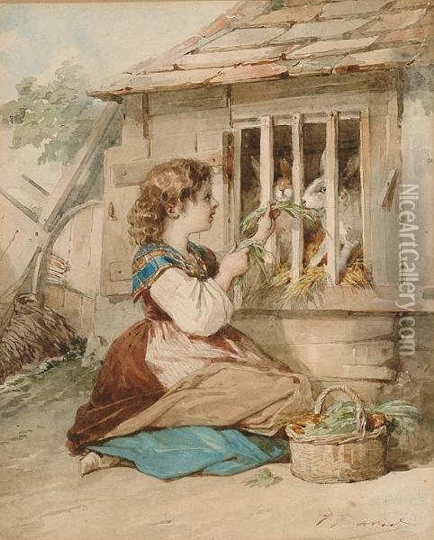 Girl Feeding Rabbits In A Hutch Oil Painting - Ferdinand David