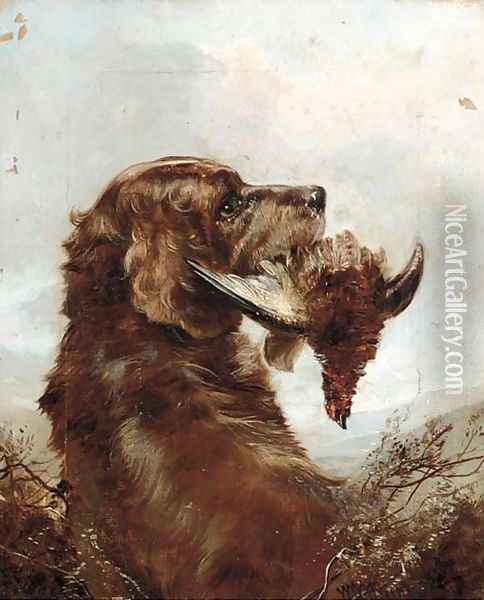 A gun dog with a grouse Oil Painting - William Woodhouse