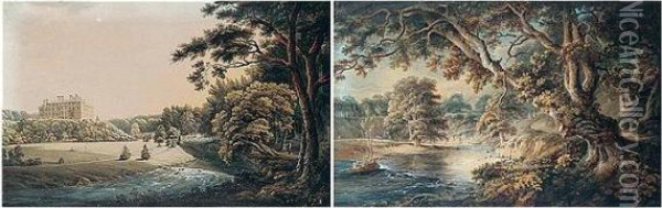 View From A River Of A Country House; Deer By A River In A Woodland Oil Painting - Alexander Nasmyth