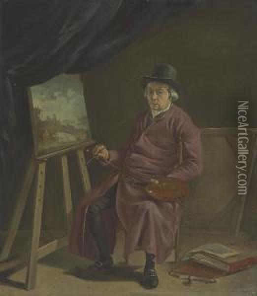 A Portrait Of The Artist In His Studio Oil Painting - Hermanus Van Brussel