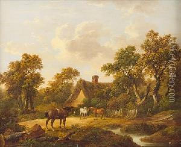 Horses Beside A Stream Before A Cottage And Trees Oil Painting - Charles Towne