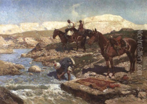 Ein Tscherkesse Am Ufer Des Fluses Mit Gebetsteppich Oil Painting - Franz Roubaud