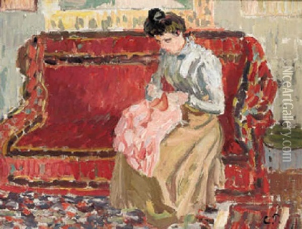 Jeanne (fille De L'artiste) Cousant Oil Painting - Camille Pissarro