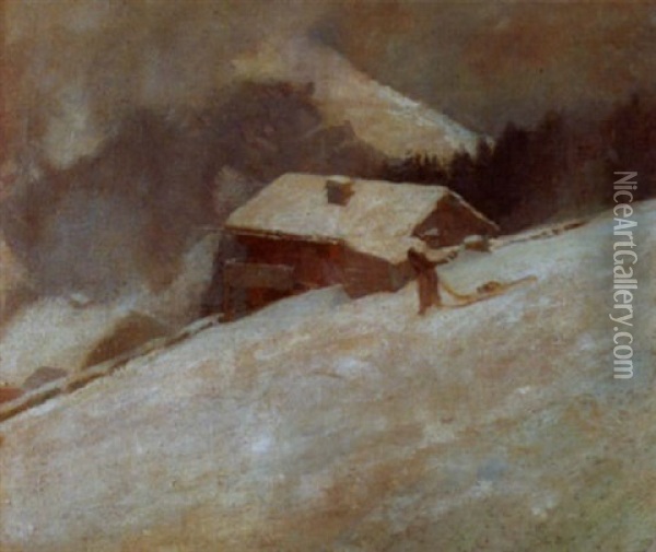 Winterliche Landschaft Mit Bauernhaus Und Frau Oil Painting - Jacques Elie Abraham Hermanjat