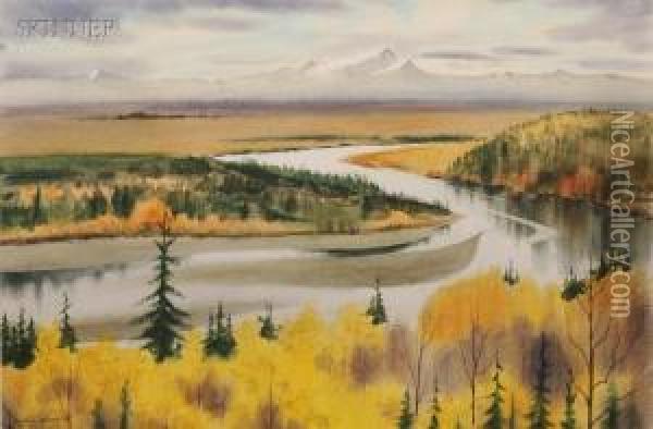 R. Ahearn Winding River, Autumn Oil Painting - Ramon Martin Rubio