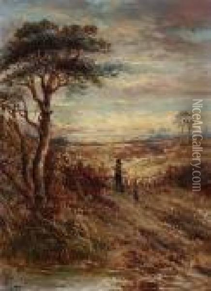 Moonlit Windmill By A River; Herder And Flockon A Country Track Oil Painting - Joseph Thors